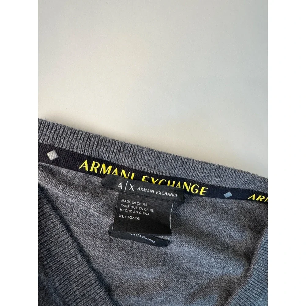 Armani Exchange A|X Men's Grey V-Neck Cotton Cashmere Sweater Yellow Trim Sz  XL
